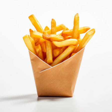 fries spill out of a paper container in high-key lighting, showcasing the zeiss batis 18mm f2.8 lens. the white background enhances the vibrant colors of the fries, while the quadratura technique adds depth to the composition. the soft-focus technique creates a dreamy atmosphere, reminiscent of the artistic style of les nabis. ai generatedの素材