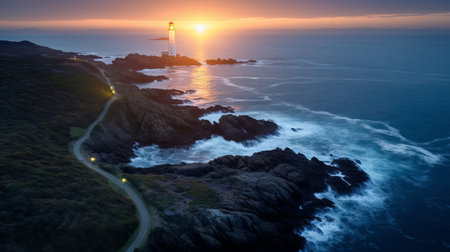 a stunning landscape of a solitary flashlight on a cliff by the sea, the sun setting on the horizon, the calm and serene ocean reflecting the warm colors of the sky, the soft mist enveloping the flashlight, detailing every texture and detail. photography, 24mm wide-angle lens. ai generatedの素材