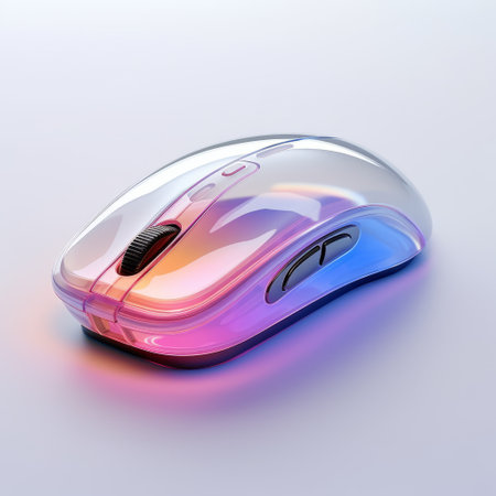a mouse with a gradient translucent glass melt effect, laser effect, and caustics. inspired by dieter rams' minimalism and industrial design, this design features high detail and a clean white background. achieved using studio lighting and the c4d software with the oc renderer, resulting in clean shadows and a glow effect. the final image is in 8k resolution. ai generatedの素材