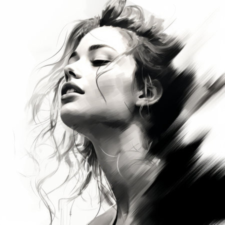 a black and white portrait image of a woman's head, showcasing fluid dynamic brushwork reminiscent of artists sandara tang and michael garmash. this fashion-illustration style captures lively movement and portrays an aggressive digital illustration with a light-filled aesthetic. ai generatedの素材