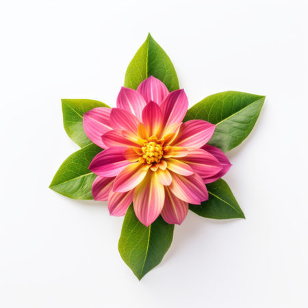 a single pink dahlia flower blooms elegantly in a natural white flower pot, set against a clean white background. the aerial view captures its symmetrical asymmetry, showcasing the highly detailed foliage. this image by lilia alvarado is a vibrant display of colorful imagery, evoking raw vulnerability and tropical symbolism. ai generatedの素材
