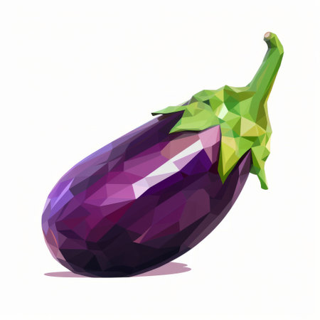 polygonal eggplant piece of fruit on a white background, showcasing dynamic cubism style. the use of precious materials enhances its bold chromaticity, while stark simplicity highlights detailed character design. sharp, vivid colors add an extra touch of vibrancy to this visually captivating image. ai generatedの素材