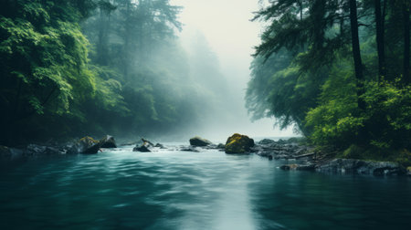 a river with rocks flowing amidst the trees, creating a hazy and dreamlike ambiance. the dark cyan and emerald hues add to the serene simplicity of the scene. captured in 8k resolution by michael shainblum, this photograph showcases a misty atmosphere and a realistic depiction of light. ai generatedの素材