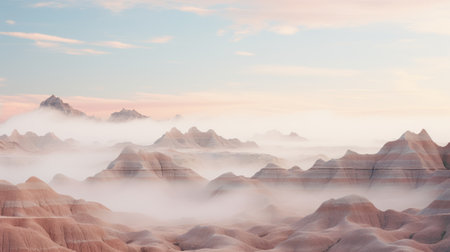 badlands landscape at sunset with a whimsical topography, featuring rocks and a sky above. the misty atmosphere creates a dreamy and ethereal ambiance, with light white and light pink hues. the delicate rendering of the landscape resembles a metropolis meeting nature, reminiscent of misty schlieren photography. ai generatedの素材