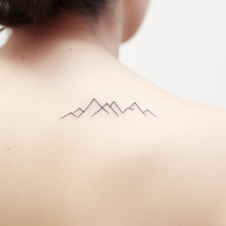 a minimalist tattoo design of badlands, uncolored, set against a clean white backdrop. the design showcases the captivating silhouette of a majestic pirin mountains. the modern and abstract style features clean lines and shapes. the centered shot, captured with a high-resolution 16k camera and a 50mm lens, ensures sharp focus. ai generatedの素材