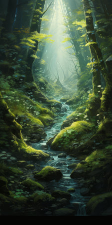 a stunning hd image of a natural forest landscape with a captivating twilight atmosphere. the painting-style background showcases flowing textures, created by talented artists such as goro fujita, dmitry spiros, and charlie bowater. the green and blue hues beautifully depict the organic and flowing forms of the norwegian nature. ai generatedの素材
