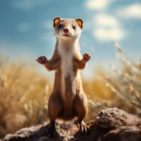 a stoat captured in a dynamic pose, showcasing its agility and grace. this hyper-realistic, ground-level image offers an ultra-sharp view of the stoat, with high detail, definition, contrast, and depth of field. the wide-angle shot beautifully captures the full body of the subject, bringing its captivating presence to life. ai generatedの素材
