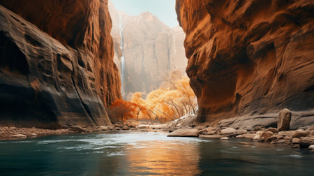 a river canyon in zion national park, us, captured in a photo-realistic composition. the red rock canyon of zion country forms a mysterious backdrop, with its light aquamarine and light amber hues. rendered in cinema4d, the dark beige and orange tones create a joyful celebration of nature's passage. ai generatedの素材