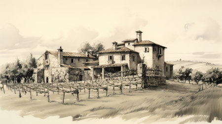 a rustic italian mediterranean farmhouse captured in a sumi-e style image. this architectural perspective showcases the charm of the 19th-century stone structure, with a trace monotone effect adding depth and character. the post-painterly technique enhances the details of this uhd image, immersing viewers in the timeless beauty of this farmhouse. ai generatedの素材