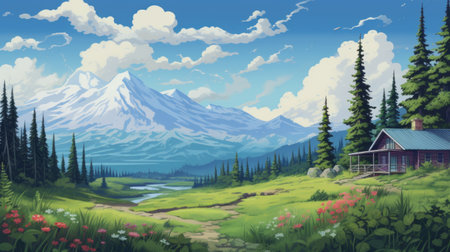 a cabin nestled amidst picturesque hills and majestic mountains, depicted in the captivating style of anime art. inspired by the scenic beauty of bob ross's landscapes, this panoramic view showcases whistlerian influences with lush and mesmerizing colorscapes. immerse yourself in the serene wilderness of this stunning artwork. ai generatedの素材