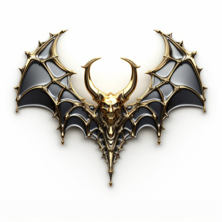 a gold orb badge featuring a bat design, inspired by cryengine and boris vallejo's style, rendered in unreal engine. this unique badge showcases a tattoo-like aesthetic, perfect for halloween or concept art. the design stands out against a clean white background, adding a touch of elegance to its overall appeal. ai generatedの素材