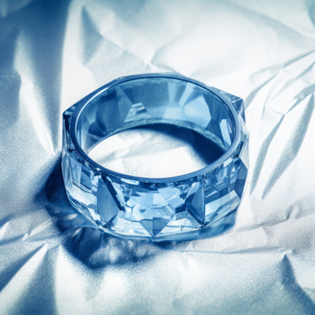 a blue gemstone ring with translucent geometries and monochromatic shadows is showcased on a surface. the soft focus enhances the intricate details of the ring, reminiscent of the artistic styles of ron arad, aleksander gierymski, and john anster fitzgerald. the ring is beautifully presented on embossed paper, adding a touch of elegance to the overall composition. ai generatedの素材