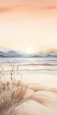 a watercolor painting of a sand beach sunset, isolated on a white background. this painting is done in the style of soft and dreamy landscapes, featuring mountainous vistas and a soft, muted color palette. the artist has skillfully captured the poetic and natural symbolism of the scene, creating a delicately rendered rural landscape. ai generatedの素材