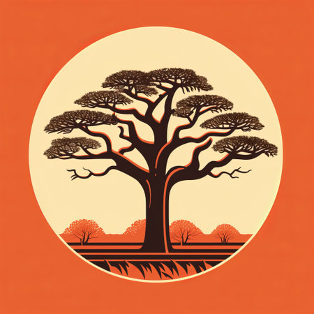a minimalist linocut-style artwork of a baobab, created with a single, continuous line. the design showcases the baobab's form and character through simple shapes and negative space. the artwork is bold yet elegant, with the baobab standing out against the surrounding negative space. this one-color linocut artwork captures the essence of the baobab with minimal detail, resulting in a powerful and visually striking image. aiの素材