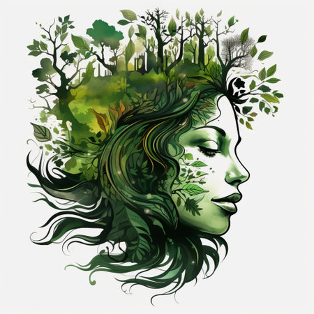 earth woman with a watercolor-style illustration of the environment behind her head. the image showcases highly detailed foliage, flowing silhouettes, and imaginative characters. with a forestpunk vibe, the dark gray and green color scheme complements the detailed facial features of the woman. ai generatedの素材