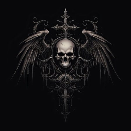 the wings of a skull, adorned with gothic dark and ornate details, are showcased on the back of this high-resolution image. inspired by the mirrored realms and stenciled iconography, this artwork by anton semenov captures a sparse yet captivating aesthetic. peter cross's unique style adds depth to this hauntingly beautiful composition. ai generatedの素材