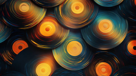 a photo of vibrant and colorful abstract wallpapers featuring records arranged in a circular pattern. the wallpapers are designed in the style of neo-abstract realism, with a dark cyan and amber color scheme. the image has a low depth of field, creating a blurred background. the concept of snailcore is incorporated, showcasing lively movement portrayal. the abstracts are vibrant and colorful, with luminous shadows addingの素材