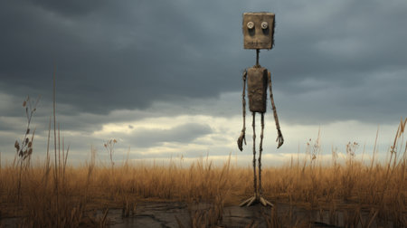 a man with crossed legs stands amidst tall grass in a stormy background. this image showcases the unique style of robotics kids, chromepunk, and isaac cordal. the inventive character designs, textured expressions, and blocky aesthetics are rendered in maya, creating a visually captivating scene. ai generatedの素材