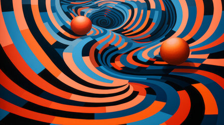two brightly colored eggs are showcased in this abstract image, set against a vibrant blue and orange pattern. the composition draws inspiration from surreal 3d landscapes, art deco futurism, and vibrant stage backdrops. bold, graphic lines create a mesmerizing effect, reminiscent of mathematical art and an aerial view perspective. ai generatedの素材