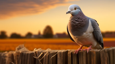 a bird perches on a fence, silhouetted against a vibrant sunset. this pigeoncore-style photo captures the bird's precise and lifelike details. taken with provia film, it exudes the aesthetics of the farm security administration era, with a striking combination of silver and magenta tones. the spectacular backdrop enhances the overall composition, while subtle jewish culture themes add depth to the image. ai generatedの素材