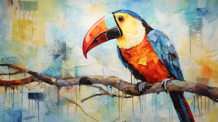 a large-scale painting of a colorful bird perched on a branch, showcasing the art style of realism with surrealistic elements. this artwork, inspired by the ivory coast, features vibrant orange and blue hues in a patchwork of recycled materials. created using traditional oil-painting techniques, it is a stunning example of the fusion of traditional and contemporary art forms. ai generatedの素材