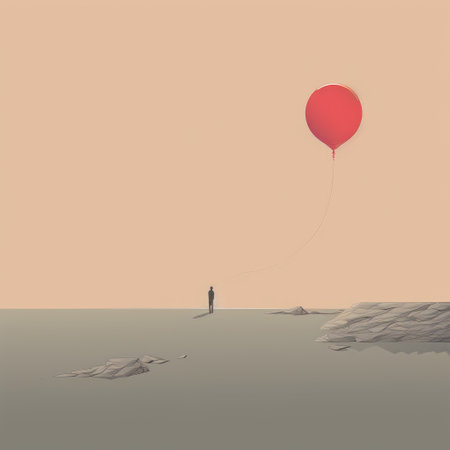 a person holding a red balloon is depicted in this illustration, which showcases a style inspired by muted seascapes. the artwork embraces conceptual minimalism, flattened perspective, and romantic scenery. it also incorporates elements of asymmetric balance and psychological phenomena illustrations, resulting in a composition that exudes a sense of subdued tranquility. ai generatedの素材