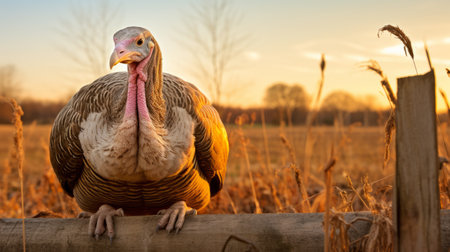 a chicken stands in an empty pasture, surrounded by a richly colored sky. the image showcases focus stacking techniques, with a beautiful blend of light amber and pink hues. the grandparentcore aesthetic is evident in the spectacular backdrop, while the pigeoncore style captures candid shots of famous figures. ai generatedの素材