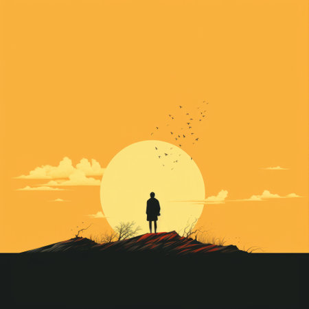 a red comic book cover featuring a man walking through a post-apocalyptic landscape. the artwork is done in a simplistic vector style, showcasing explosive wildlife against a sky-blue and amber backdrop. the illustration has a touch of mysterious realism, with a suspended and hanging atmosphere. shot with a leica m10 camera. ai generatedの素材