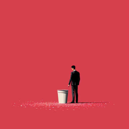 conceptual minimalism meets crisp neo-pop illustrations in this captivating photo. a person is depicted in a situation where they have no choice but to throw rubbish in their trash. the light red color palette, water drops, and elegant use of negative space add depth to the conceptual painting. dusty piles further enhance the overall aesthetic. ai generatedの素材