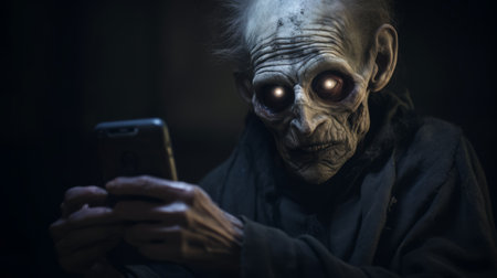 a frightening and creepy ghoul, in the style of grandparentcore, stares directly at the screen. this social media portraiture captures the essence of goblin academia, with a realistic depiction of light. the photo, reminiscent of national geographic, exudes a sleepycore vibe, enhanced by the use of fujifilm eterna 250d type 8563 film. ai generatedの素材