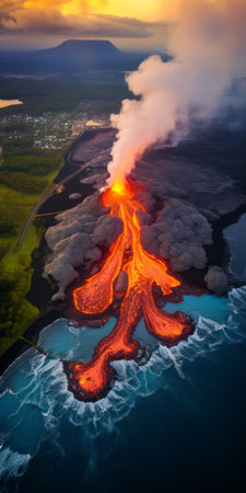 a river of steam flows out of the lava on hawaii, captured in the style of aerial photography. this mesmerizing image, reminiscent of the works of cristina mcallister, petrina hicks, and judy chicago, showcases the raw power and beauty of nature. the high-definition (uhd) quality of the image brings out every detail, making it a captivating visual experience. additionally, this photo serves as a commissionの素材