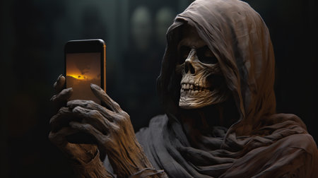 a grotesque skeleton, rendered in the style of unreal engine, holds a mobile phone in this detailed atmospheric portrait. the documentary photographer captures the essence of medieval fantasy through the use of matte painting and tabletop photography, creating a captivating and eerie image. ai generatedの素材