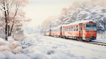 snowy scene over train tracks, inspired by the style of takayuki takeya. this realistic watercolor painting depicts a tranquil australian landscape with light red and gray hues. the historical illustrations capture the essence of the 1970s to the present, showcasing the beauty of the snowy scenery and the significance of train tracks in the australian landscape. ai generatedの素材