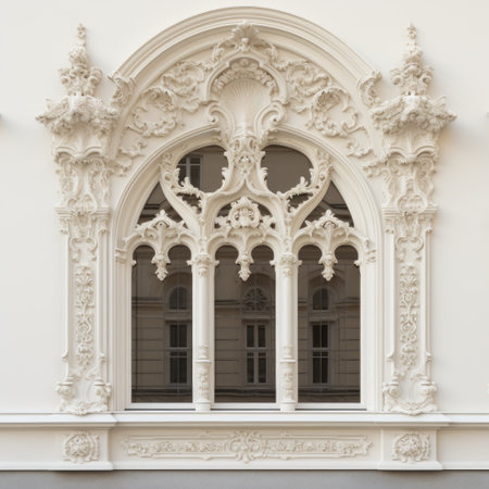 a window in a white building, showcasing baroque-inspired grandeur with intricate organic stone carvings. this hyper-realistic uhd image, rendered using octane render, captures the essence of viennese secession style. the window's design reflects the period between 1860 and 1969, adding a touch of historical elegance to the building's facade. ai generatedの素材