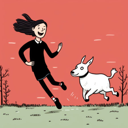 a young girl joyfully chases a dog in a graphic novel-inspired illustration. the cat, with a witchy academia vibe, adds a playful element to the scene. the naive style and jump cuts create an optimistic and elongated portrayal, reminiscent of ashcan school art. ai generatedの素材