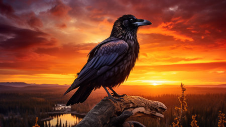 a crow perched on a branch, surrounded by vibrant colors of a breathtaking sunset. the image captures the intricate feather details of the bird, highlighting its natural beauty. hdr photography techniques are used to enhance the lighting, creating a dynamic composition that showcases the crow in its natural habitat. ai generatedの素材