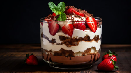 a chocolate trifle with fresh strawberries as garnish is beautifully presented in a glass on a table. this uhd image, captured by the associated press, showcases the dessert's texture-rich layers and matte finish. the photo, reminiscent of the desertwave style, features zigzag patterns, creating an enticing visual appeal. ai generatedの素材