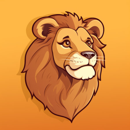 a lion is depicted in a vector illustration, standing against a vibrant yellow background. the illustration is done in a caricature style, with dark orange and light bronze colors, and features color gradients reminiscent of xbox 360 graphics. the artist, aleksandr deyneka, draws inspiration from classic tattoo motifs, resulting in hyper-realistic animal illustrations. ai generatedの素材