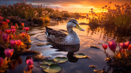 a duck gracefully floats in its natural habitat, surrounded by the vibrant colors of a breathtaking sunset. the image captures the intricate details of the bird's feathers, while hdr photography techniques enhance the lighting and create a dynamic composition. ai generatedの素材