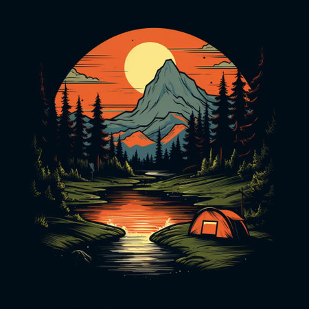 a detailed and accurate t-shirt design featuring a dark cyan and orange outdoor scene. the design showcases a tree and a river in the sky, with layered compositions and flat illustrations. this cabincore-inspired artwork captures the beauty of nature with dark reflections, creating a captivating and unique visual. ai generatedの素材