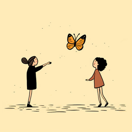 two women, in a playful and ironic colored cartoon style, watch as a butterfly gracefully emerges between them. the hand-drawn illustration by nicolas bruno captures a sense of child-like innocence and emotional storytelling. the light orange and light black tones add to the whimsical atmosphere of the scene. ai generatedの素材