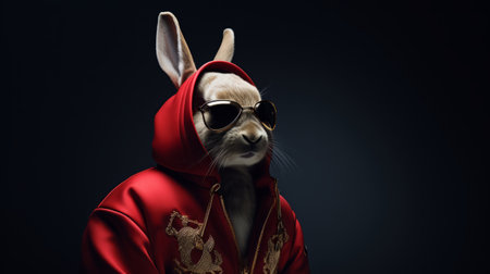 a stylish balenciaga-clad rabbit, showcasing ukrainian symbolism, is depicted in a photorealistic manner with color grading and studio lighting. the large format full shot captures the intricate details of the rabbit's attire. additionally, this captivating image is available as an nft in ar 2:3 format. ai generatedの素材