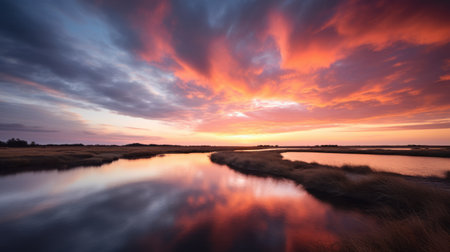the sunrise over the marshy area showcases a stunning blend of light crimson and turquoise hues. this photograph captures dramatic seascapes and ethereal cloudscapes, creating a vibrant and high-energy imagery. taken with a canon eos 5d mark iv, the reflex reflections add a touch of enchantment to the scene, with hints of light pink and amber tones. ai generatedの素材