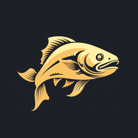 the gold fish character, depicted in a vintage graphic design style, stands out against the black background. the monochromatic color scheme of dark black and light beige adds a touch of elegance. the woodcut-inspired graphics and streamlined design create a visually striking composition. strong graphic elements enhance the overall aesthetic of this captivating image. ai generatedの素材