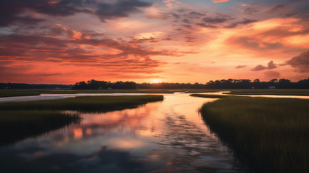a stunning sunset paints the sky with vibrant hues of light crimson and black over a serene river and grassy marsh. this uhd image captures the essence of noah bradley's lively coastal landscapes, reminiscent of clayton crain's delicately rendered southern countryside scenes. ai generatedの素材