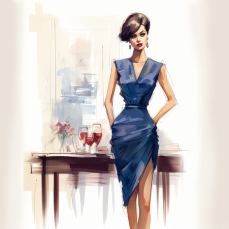 fashion illustration of an award-winning saleswoman in a vibrant blue dress. the front-facing, full-body image showcases her confident and sophisticated style. her loose, wavy curls frame her face, complementing the bold dress and matching red lipstick. the illustration highlights the intricate details of the dress and the lady's confident posture. this whimsical watercolor piece features fantasy elements and floral motifs. ai generatedの素材