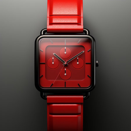 a hyperrealistic composition featuring a watch with a red strap and dial. this rectilinear design showcases realistic and detailed rendering, emphasizing simplicity and a monochromatic color palette. created using daz3d, the image employs heavy chiaroscuro and incorporates vibrant colors for a visually striking effect. ai generatedの素材