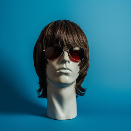 a head wearing sunglasses and ties is featured against a blue background. this image captures the post-70s ego generation with its ambient sculptures and neo-pop sensibility. shot on 70mm, the image exudes a classic rock vibe, resulting in a high-definition, visually striking composition known as "the blue rider.", ai generatedの素材