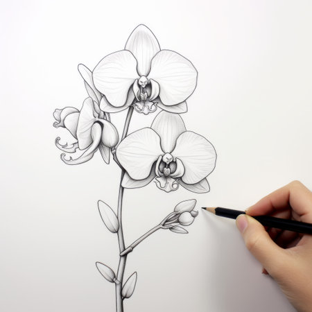 a detailed pencil drawing of an eagle and an orchid, done in the style of eiko ojala. this pdf showcases intricate botanical studies by lilia alvarado, featuring white backgrounds and high-contrast realism. the collection also includes detailed character illustrations, inspired by the iconic work of milton glaser. ai generatedの素材