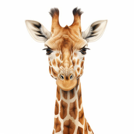 a cute giraffe sitting on a white background, captured in a hyper-realistic style of portraiture. this photo showcases the artist's meticulous attention to detail, with realistic and highly-detailed rendering. the aerial view adds a unique perspective to the hyper-realistic representation of the giraffe. ai generatedの素材